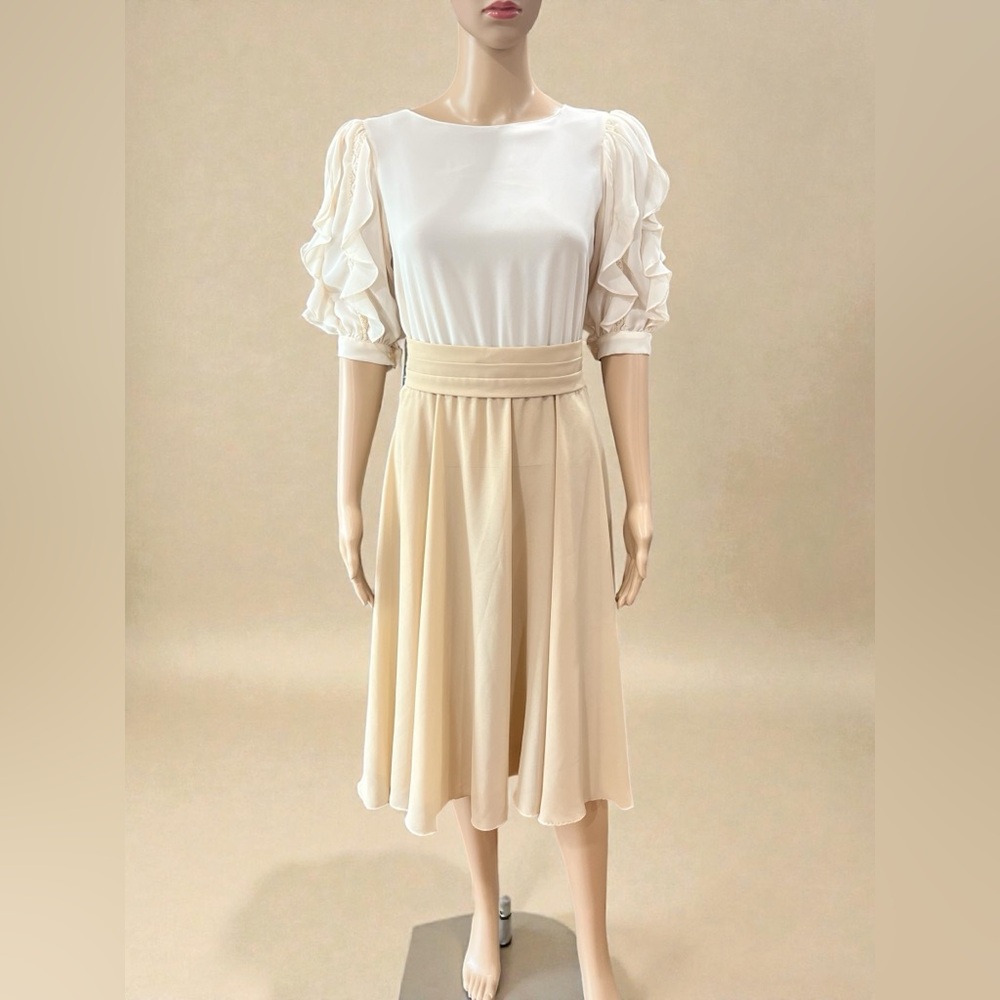 Chiffon dressy Ursula of Switzerland earthy two tone vintage 80s dress Ruffles - Picture 3 of 13